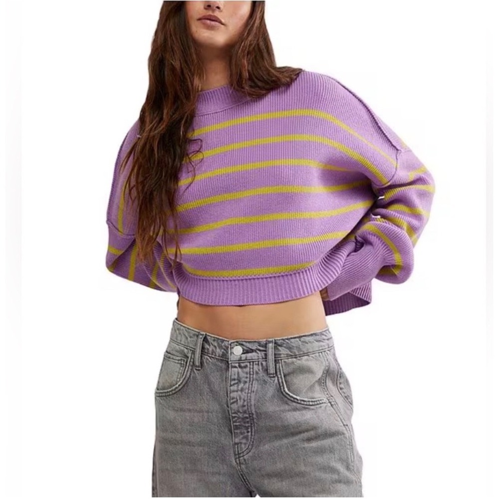 Free People Cropped Striped Sweater Purple Yellow Mock Neck Ribbed Knit Small